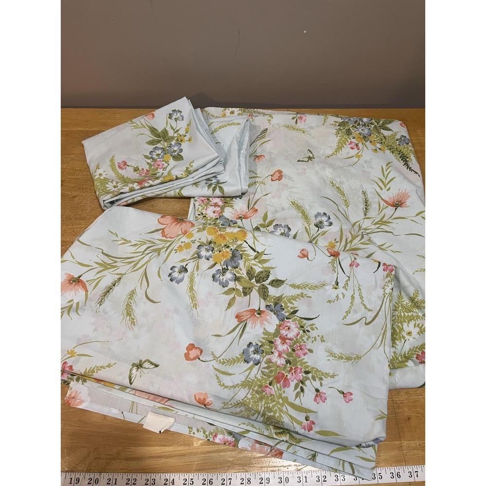 Vtg Sears Cottagecore Full Perma Prest Percale Sheet‎ Set Blue Flower Butterfly